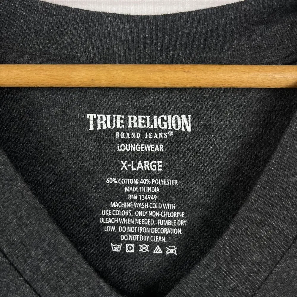 MENS TRUE RELIGION LOUNGEWEAR HORSESHOE CHARCOAL‎ V-NECK T-SHIRT SIZE XL